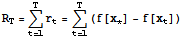 R_T = Underoverscript[∑, t = 1, arg3] r_t = Underoverscript[∑, t = 1, arg3] (f[x_ *] - f[x_t])