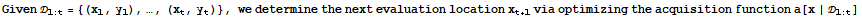 Given _ (1 : t) = {(x_1, y_1), …, (x_t, y_t)}, we determine the next evaluation location x_ (t + 1) via optimizing the acquisition function a[x | _ (1 : t)]