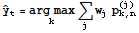 Overscript[y,^] _t = Underscript[arg max, k] Underscript[∑, j] w_jp_ (k, n)^(j)