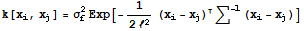 k[x_i, x_j] = σ_f^2Exp[-1/(2ℓ^2) (x_i - x_j) ∑^(-1) (x_i - x_j)]