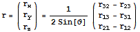 r = ({{r_x}, {r_y}, {r_z}}) = 1/(2Sin[ϑ]) ({{r_32 - r_23}, {r_13 - r_31}, {r_21 - r_12}})