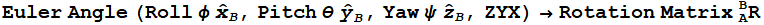 Euler Angle (Roll φ Overscript[x,^] _B, Pitch θ Overscript[y,^] _B, Yaw ψ Overscript[z,^] _B, ZYX) →Rotation Matrix_B^AR