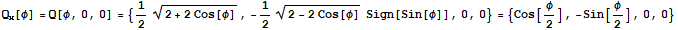 Q_x[φ] = Q[φ, 0, 0] = {1/2 (2 + 2 Cos[φ])^(1/2), -1/2 (2 - 2 Cos[φ])^(1/2) Sign[Sin[φ]], 0, 0} = {Cos[φ/2], -Sin[φ/2], 0, 0}