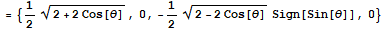 = {1/2 (2 + 2 Cos[θ])^(1/2), 0, -1/2 (2 - 2 Cos[θ])^(1/2) Sign[Sin[θ]], 0}