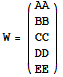 W = ({{AA}, {BB}, {CC}, {DD}, {EE}})