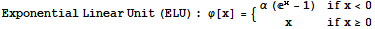 Exponential Linear Unit (ELU) : φ[x] = {{{α (^x - 1), if x<0}, {x, if x≥0}}