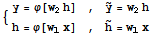 {{{y = φ[w_2h],,, Overscript[y, ~] = w_2h}, {h = φ[w_1x],,, Overscript[h, ~] = w_1x}}