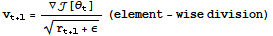 v_ (t + 1) = ∇[θ_t]/(r_ (t + 1) + ε)^(1/2) (element - wise division)