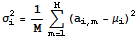 σ_i^2 = 1/MUnderoverscript[∑, m = 1, arg3] (a_ (i, m) - μ_i)^2