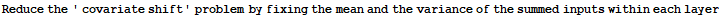 Reduce the ' covariate shift ' problem by fixing the mean and the variance of the summed inputs within each layer