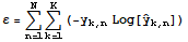 ε = Underoverscript[∑, n = 1, arg3] Underoverscript[∑, k = 1, arg3] (-y_ (k, n) Log[Overscript[y,^] _ (k, n)])