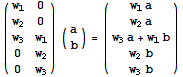 ({{w_1, 0}, {w_2, 0}, {w_3, w_1}, {0, w_2}, {0, w_3}}) ({{a}, {b}}) = ({{w_1a}, {w_2a}, {w_3a + w_1b}, {w_2b}, {w_3b}})