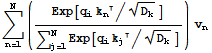 Underoverscript[∑, n = 1, arg3] (Exp[q_ik_n/D_k^(1/2)]/(Underoverscript[∑, j = 1, arg3] Exp[q_ik_j/D_k^(1/2)])) v_n