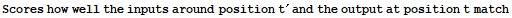 Scores how well the inputs around position t^′ and the output at position t match