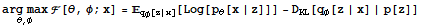 Underscript[arg max, θ, φ] ℱ[θ, φ ; x] = _q_φ[z | x][Log[p_θ[x | z]]] - D_KL[q_φ[z | x] | p[z]]