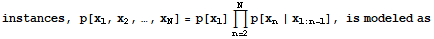 instances, p[x_1, x_2, …, x_N] = p[x_1] Underoverscript[∏, n = 2, arg3] p[x_n | x_ (1 : n - 1)], is modeled as