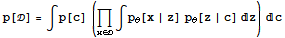 p[] = ∫p[c] (Underscript[∏, x∈] ∫p_θ[x | z] p_θ[z | c] z) c