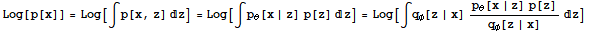 Log[p[x]] = Log[∫p[x, z] z] = Log[∫p_θ[x | z] p[z] z] = Log[∫q_φ[z | x] (p_θ[x | z] p[z])/q_φ[z | x] z]