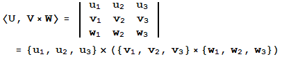 <U, V×W> = | {{u_1, u_2, u_3}, {v_1, v_2, v_3}, {w_1, w_2, w_3}} |  = {u_1, u_2, u_3} × ({v_1, v_2, v_3} × {w_1, w_2, w_3})